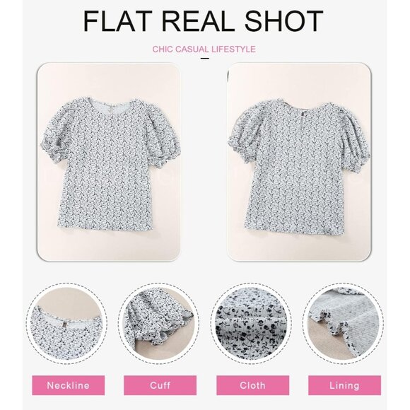 Women Print Blouse Crewneck Smocked Puff Sleeve Shirts Casual Babydoll Tops - Picture 5 of 6